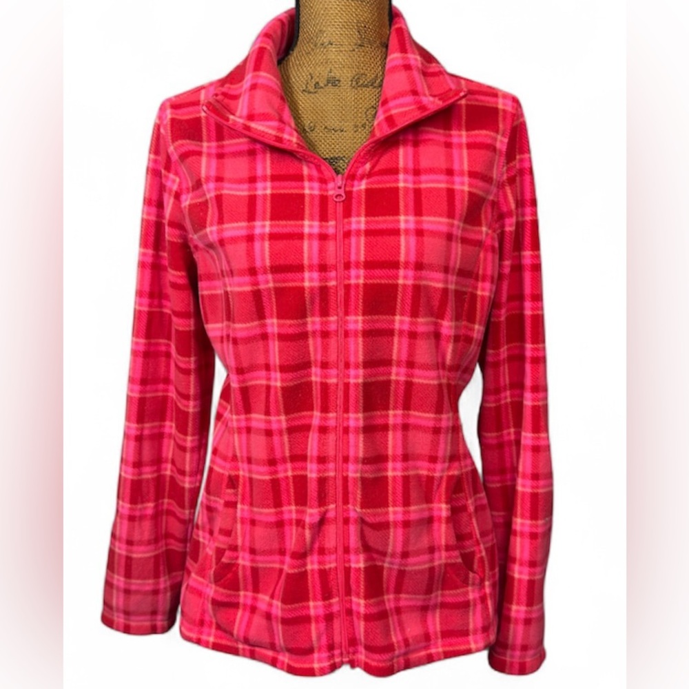 Old Navy pink plaid fleece full zip jacket Women’s size large | nn